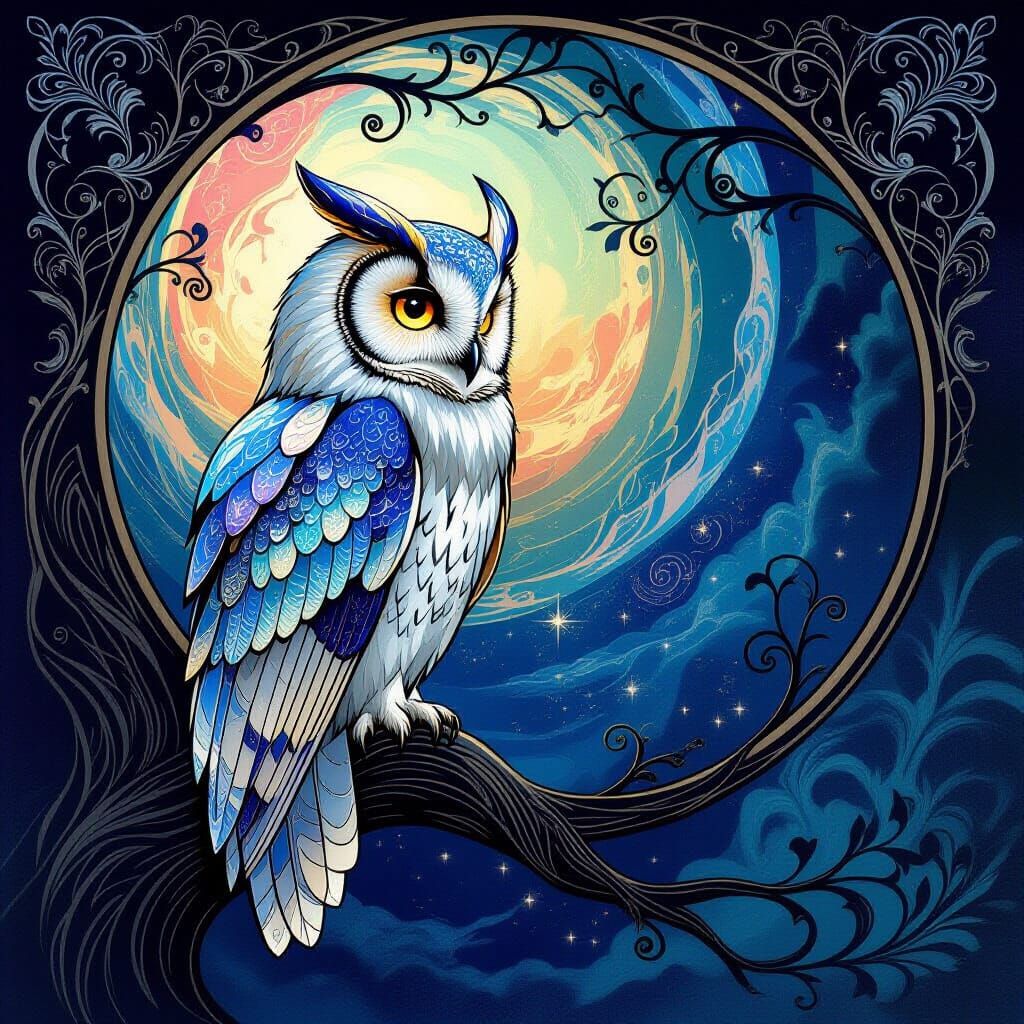 Majestic Owl on Cosmic Branch in Art Nouveau Style