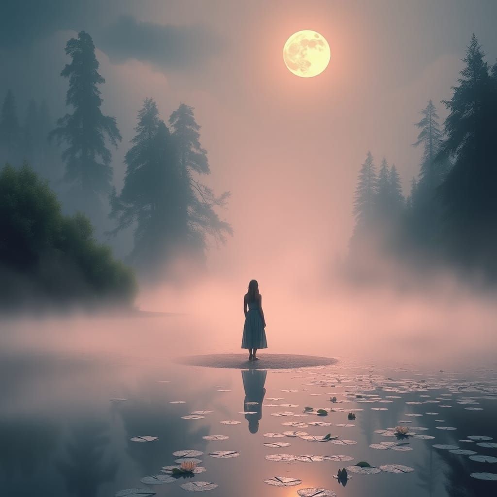 Ethereal Moonlight: Woman by Misty Lake in Digital Art