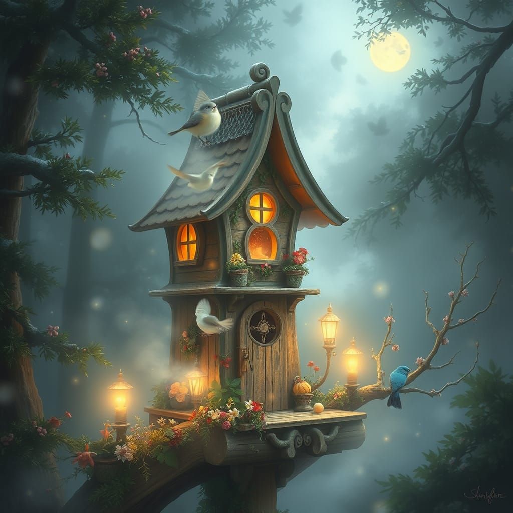 Ethereal Fantasy Birdhouse in Kinkade Style