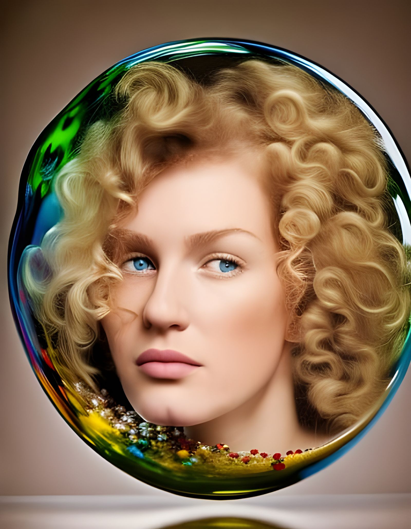 Curly Blonde in Glass Bubble: Professional Portrait