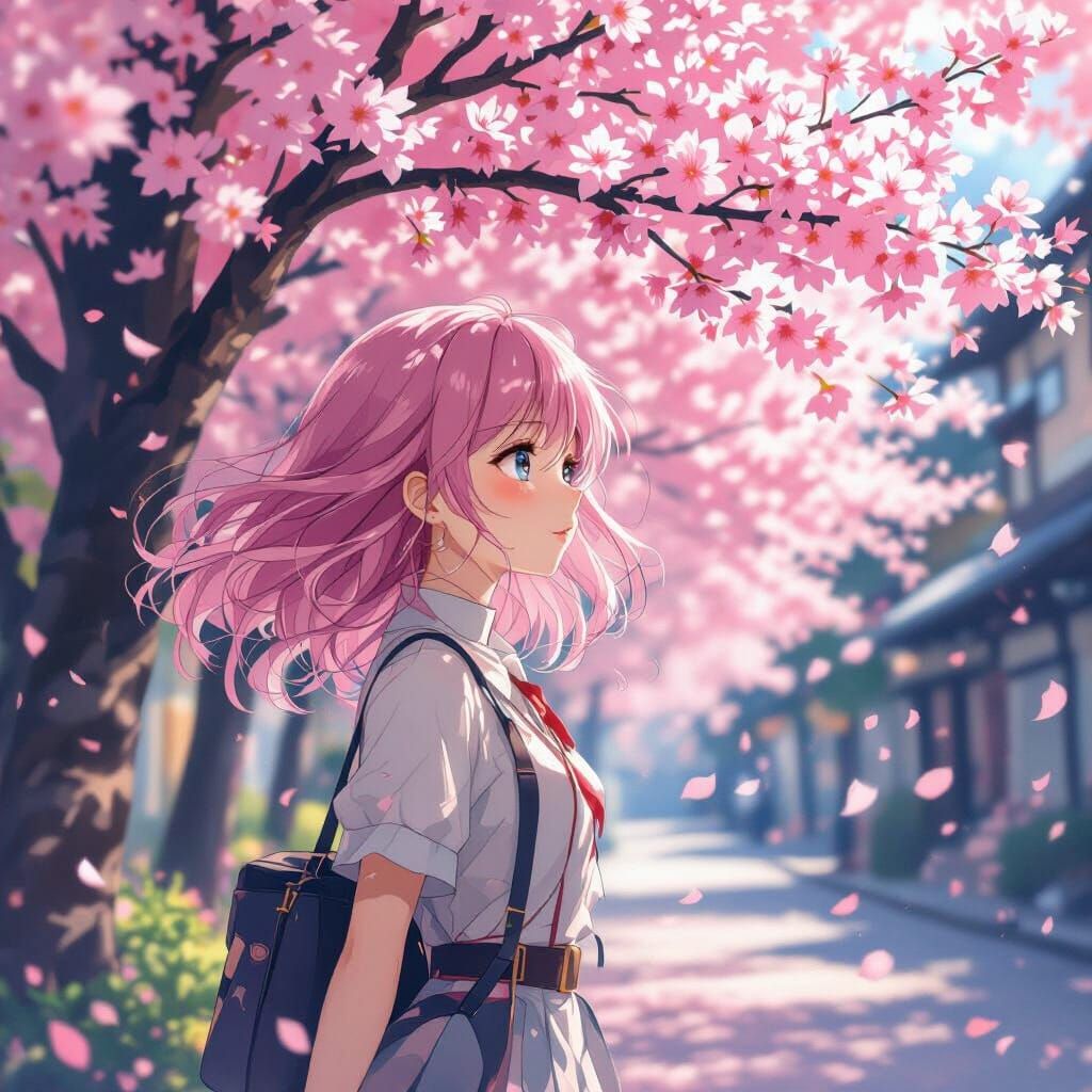 Anime Girl Gazing at Cherry Blossoms in Ghibli Style