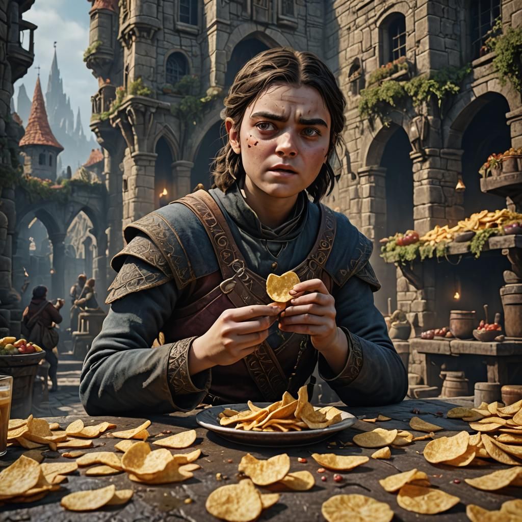 Arya Eating a Chip in Detailed Matte Painting