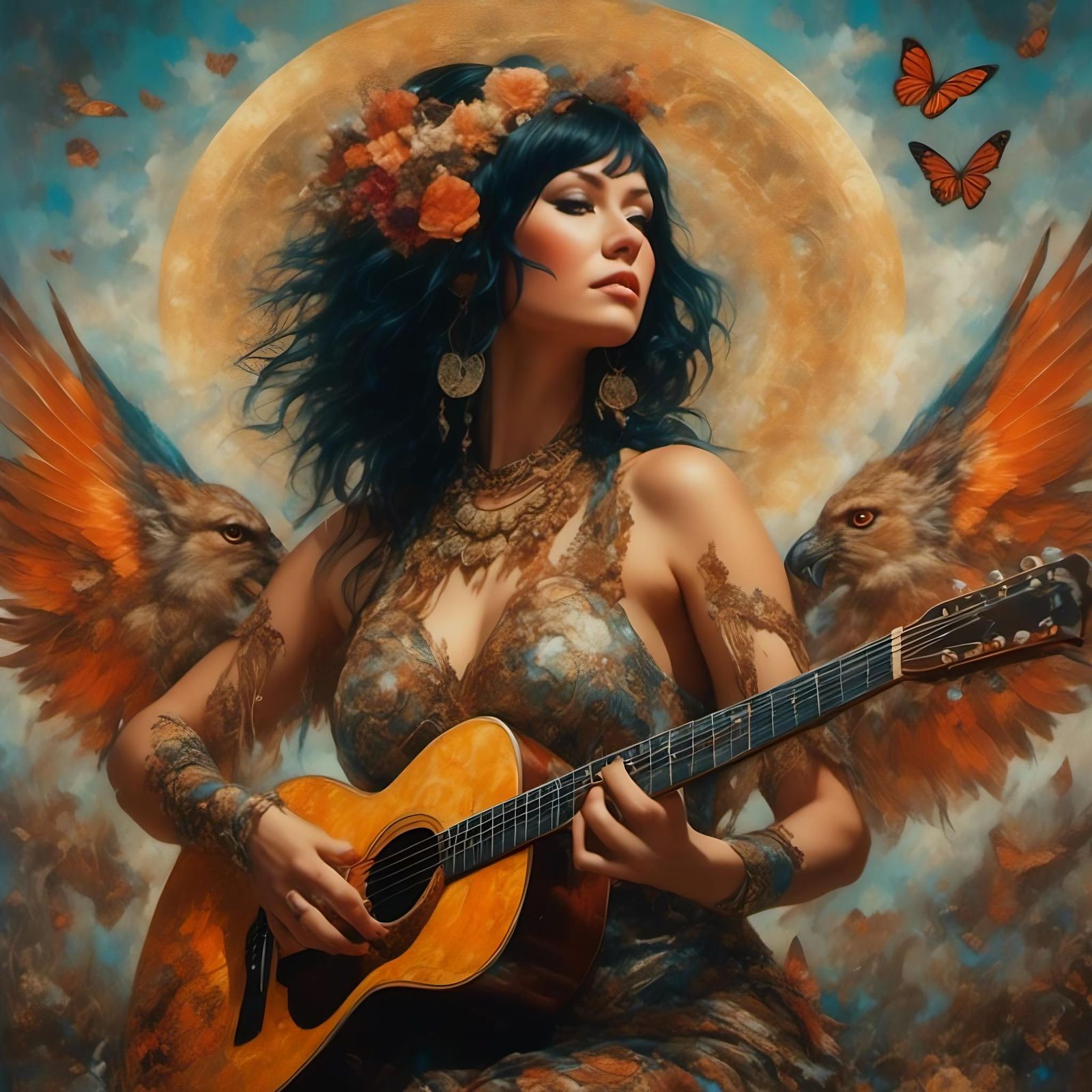 Boho Gypsy Guitarist in Surreal Magical Forest