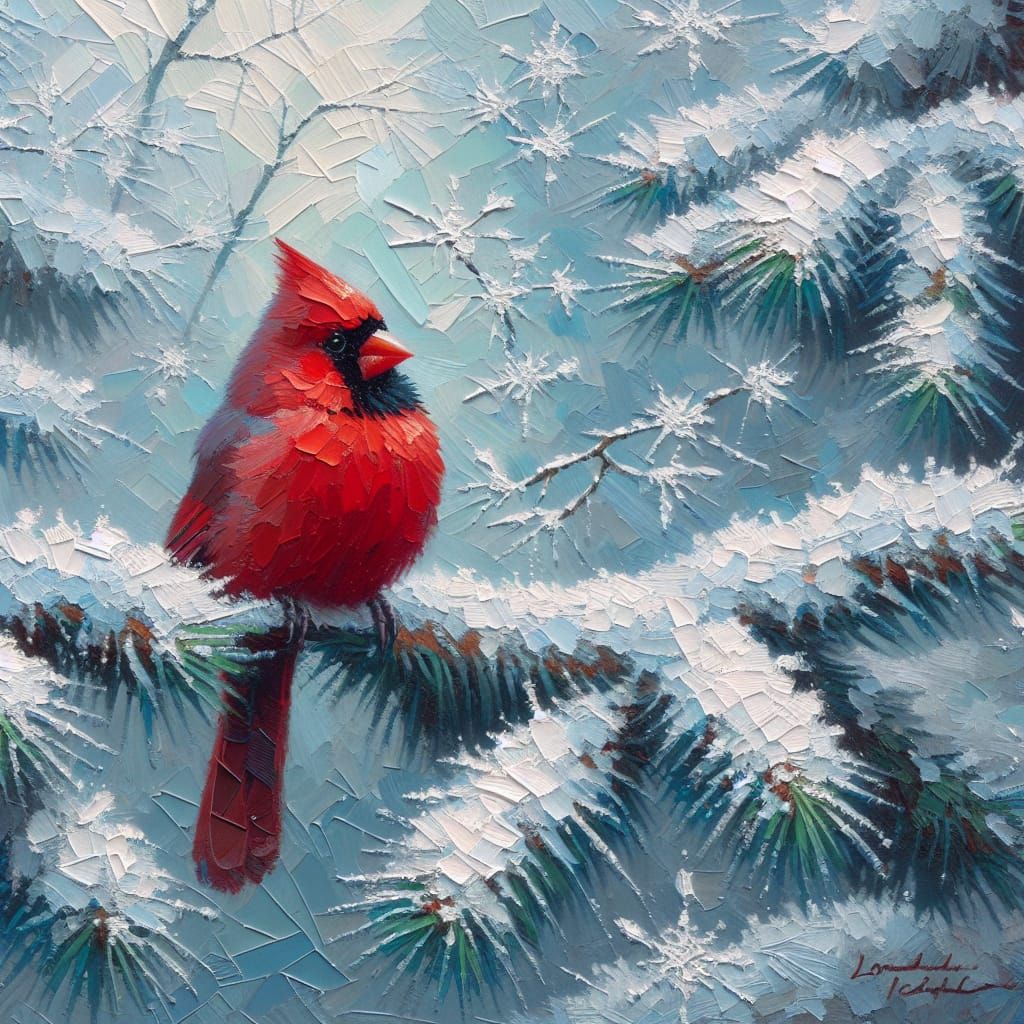 Winter Wonderland Impasto Painting of a Red Cardinal