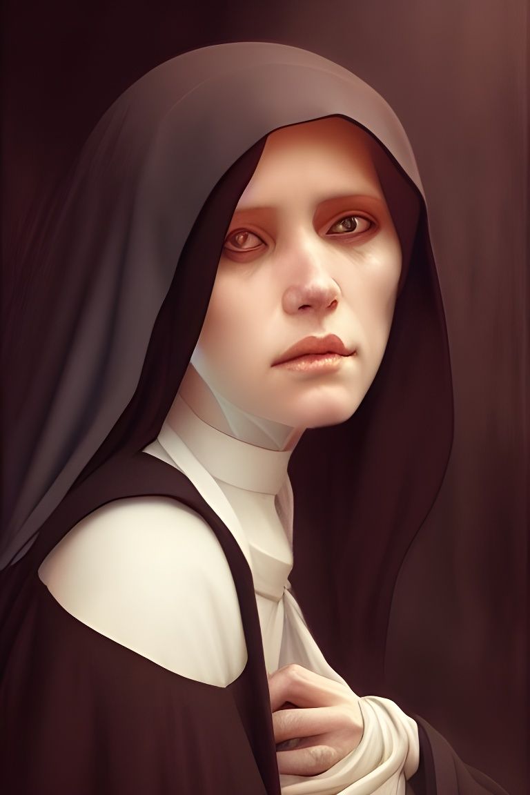 Sad Nun Portrait in Watercolor Style
