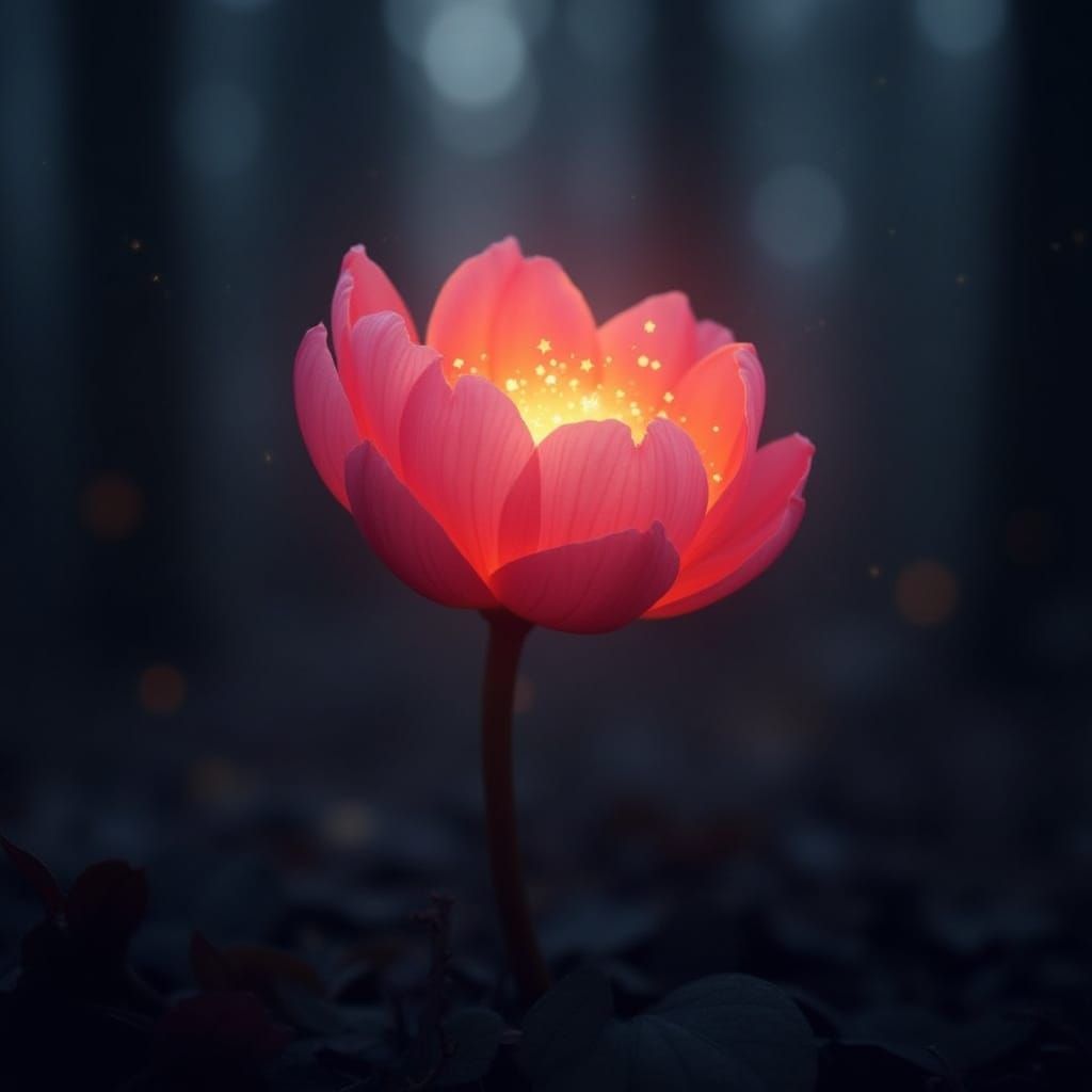 Luminous Pink-Orange Flower Blossoms in Dark Forest