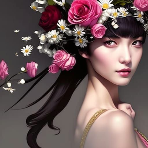 Beautiful Woman Portrait with Roses in Ghibli Style