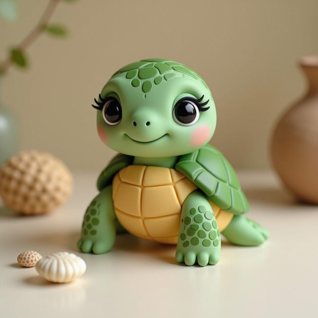 Adorable Green Turtle Chibi Figurine in Soft Pastel Colors