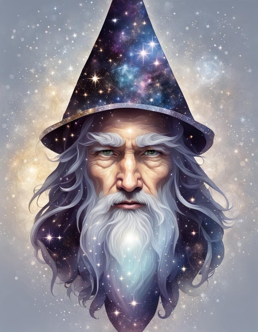 Celestial Wizard Portrait with Sparkling Stars