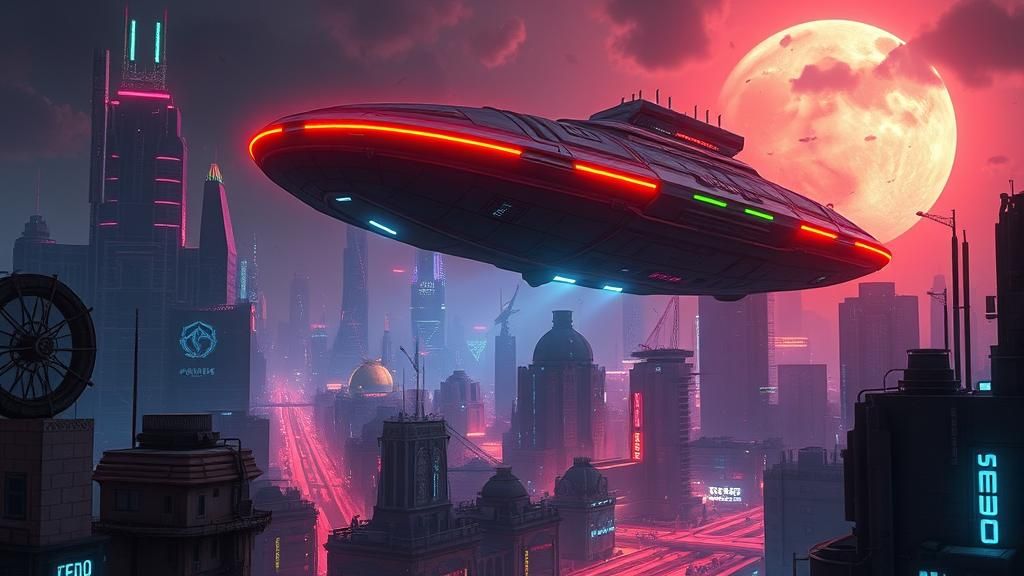 Cyberpunk City: Spaceship Landing in Detailed Matte Painting
