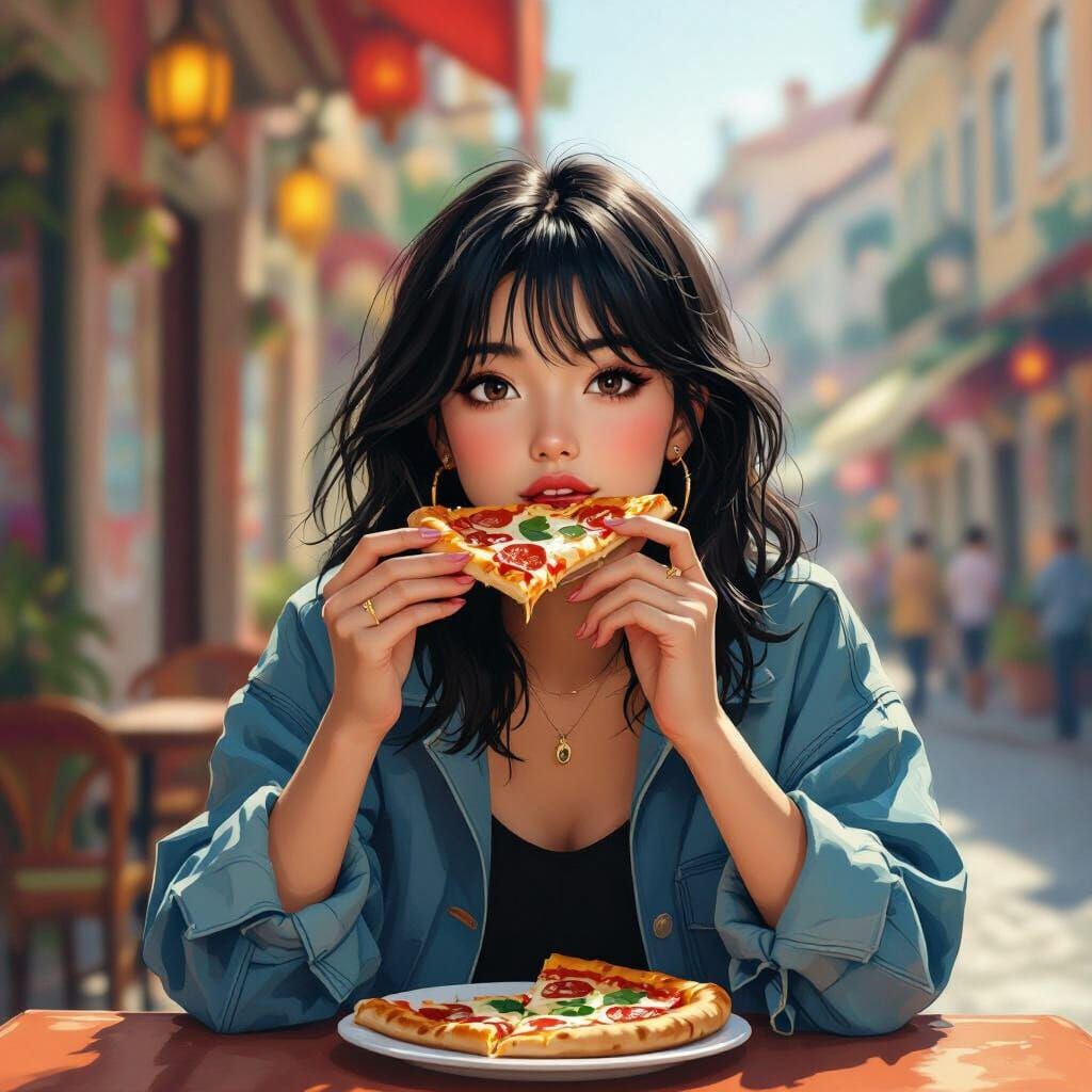 Asian Girl Eating Pizza in Portugal: Stylized Digital Art