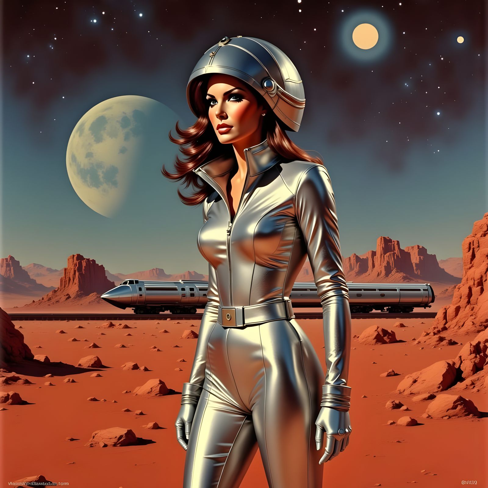 Retro-Futuristic Explorer on Crimson Planet