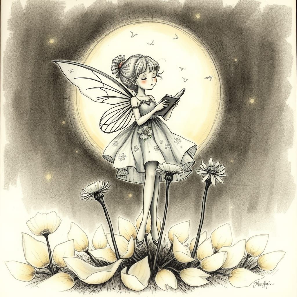 Fairy Sings on a Sunny Dandelion in Whimsical Charcoal Style