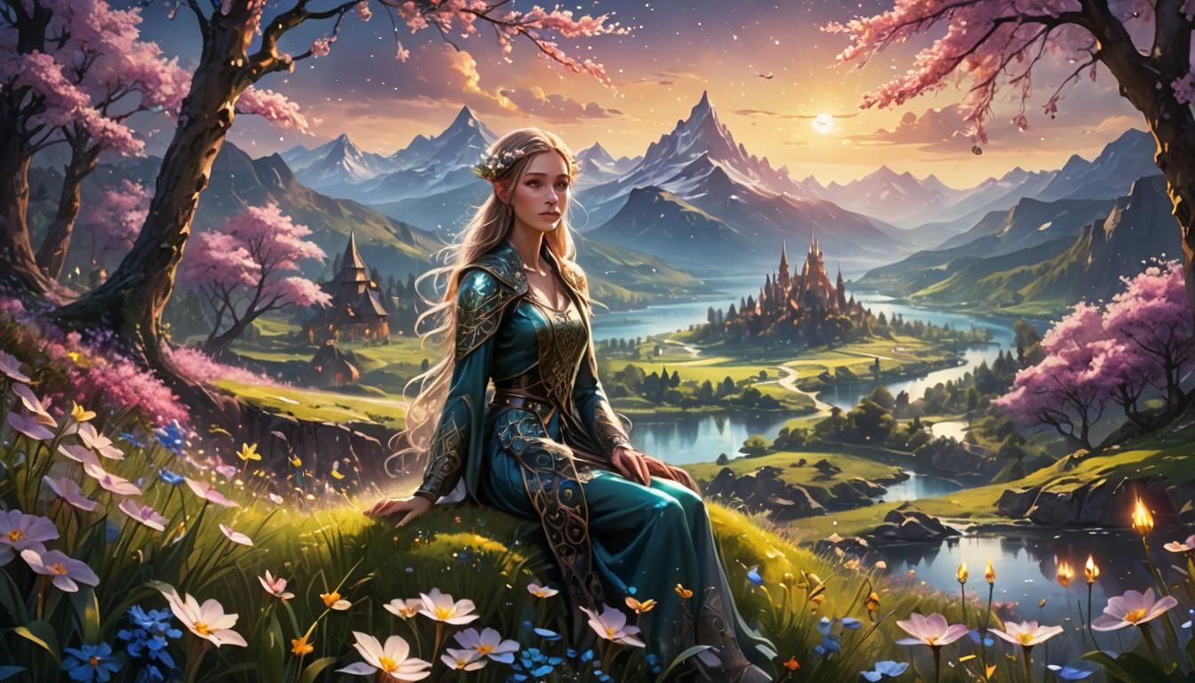 Glittering Elven in Enchanted Spring Landscape