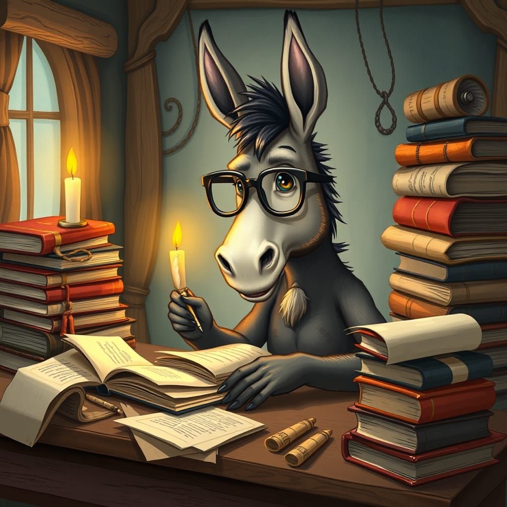 Wise Donkey Writer in Whimsical Study
