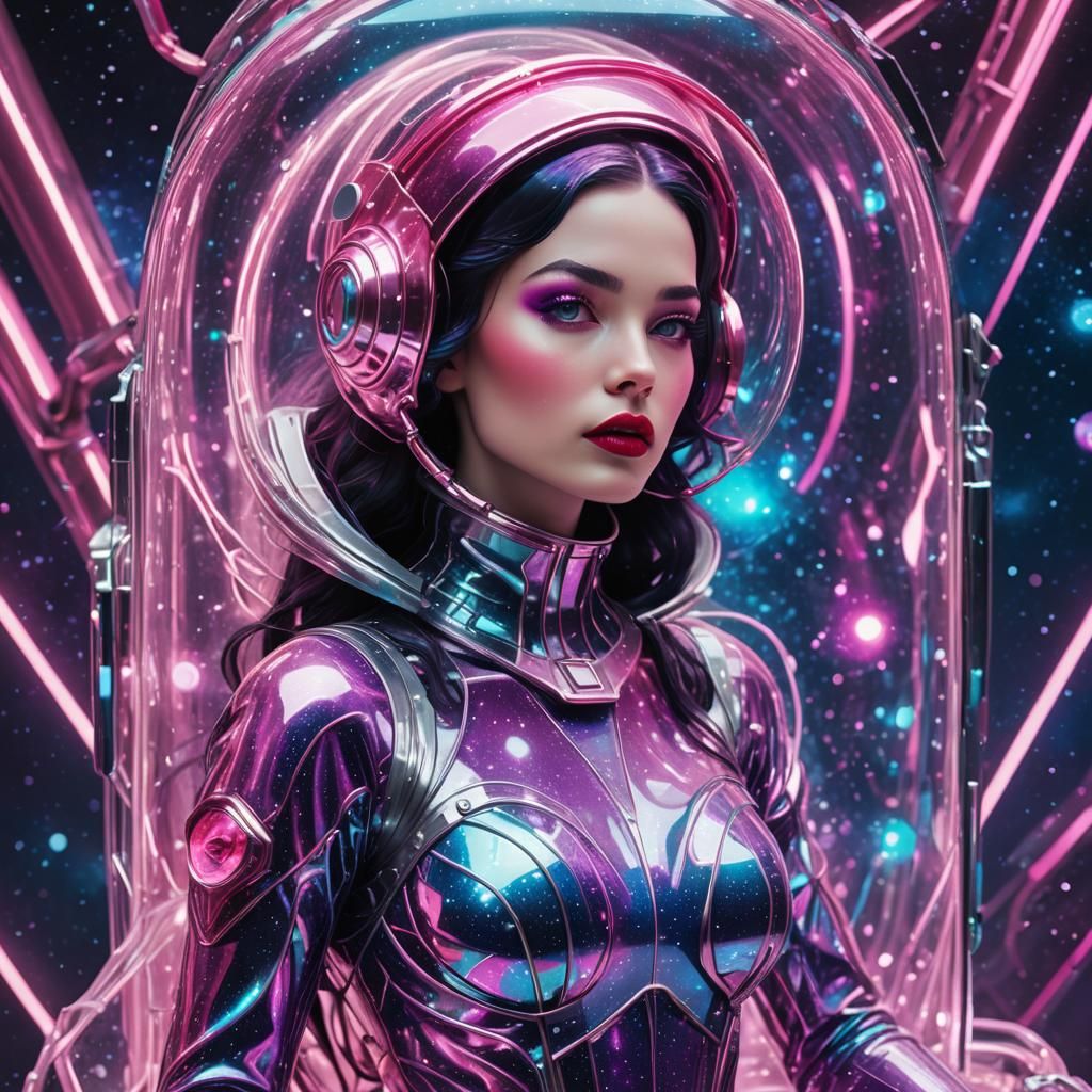 Futuristic Space Mermaid in Glass Coffin