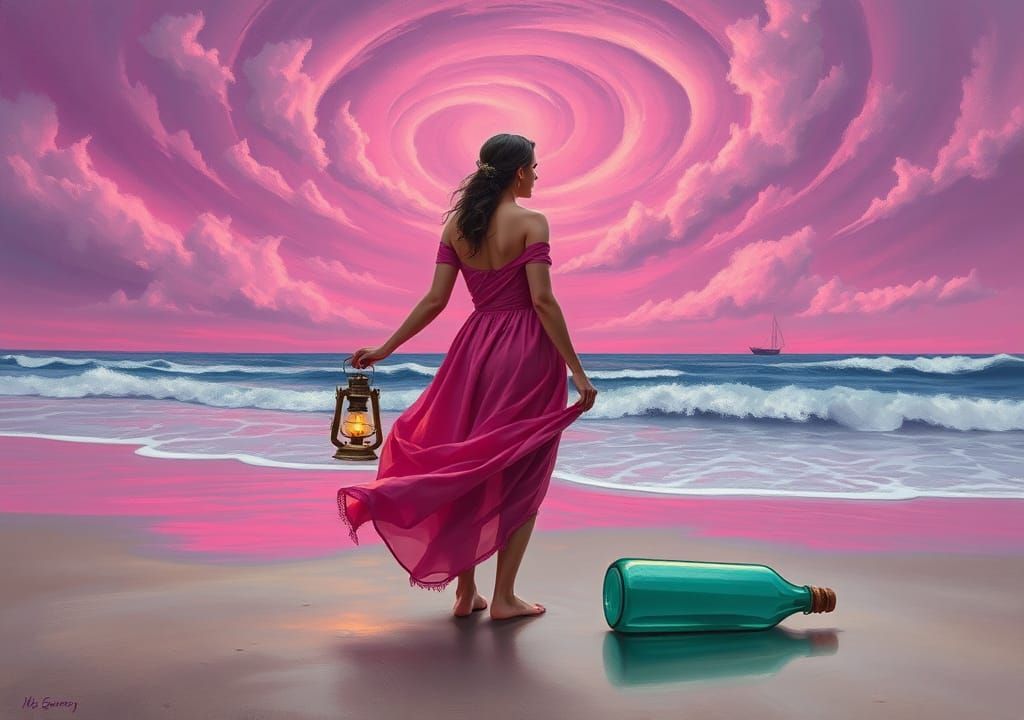 Woman Gazing at a Mystical Pink Sea