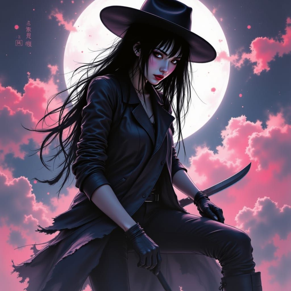 Japanese Woman with Knife in Cinematic Style