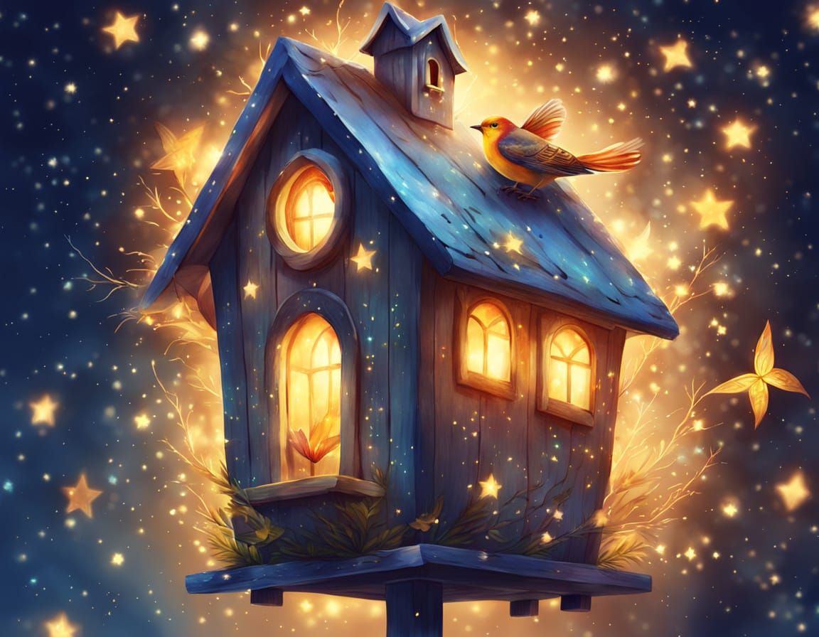 Glowing Birdhouse: Whimsical Watercolor Concept Art