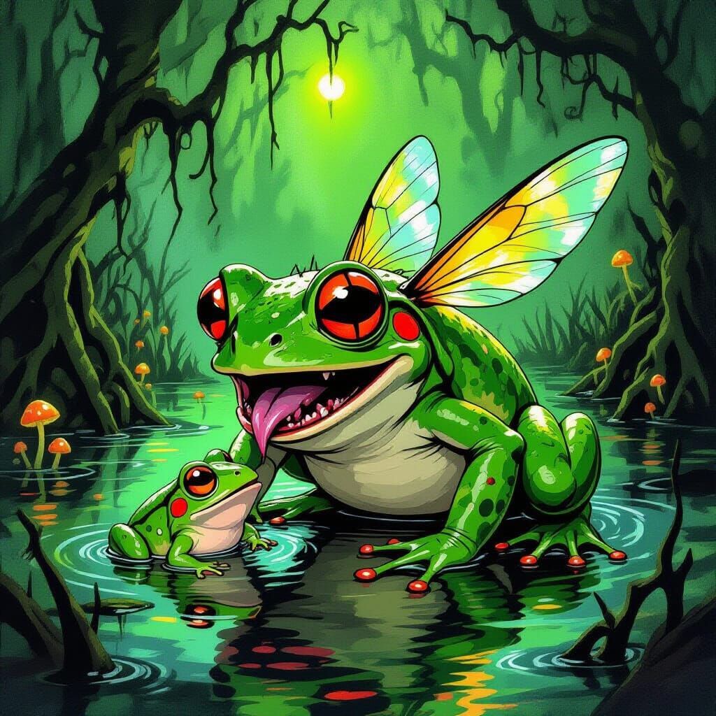 Grotesque Frog-Fly Hybrid Devouring Prey: Children's Illustr...