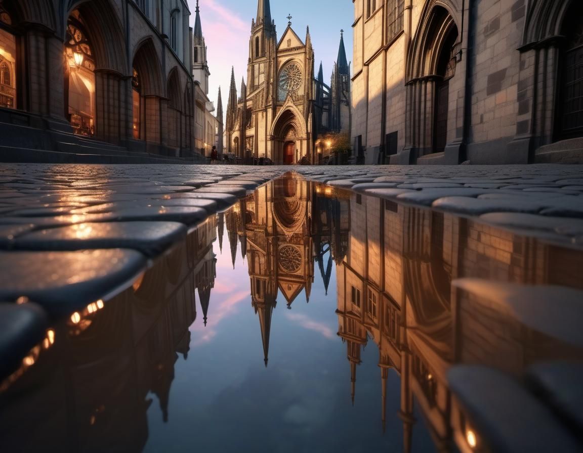 Gothic Cathedral Reflection at Magic Hour