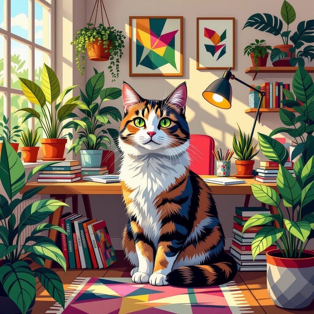 Cozy Workspace Cat in Vibrant Neo-Cubist Style
