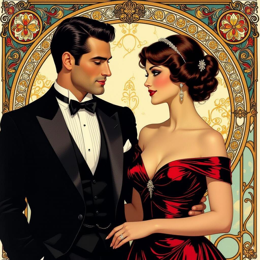 Elegant Man and Woman in Art Nouveau Style