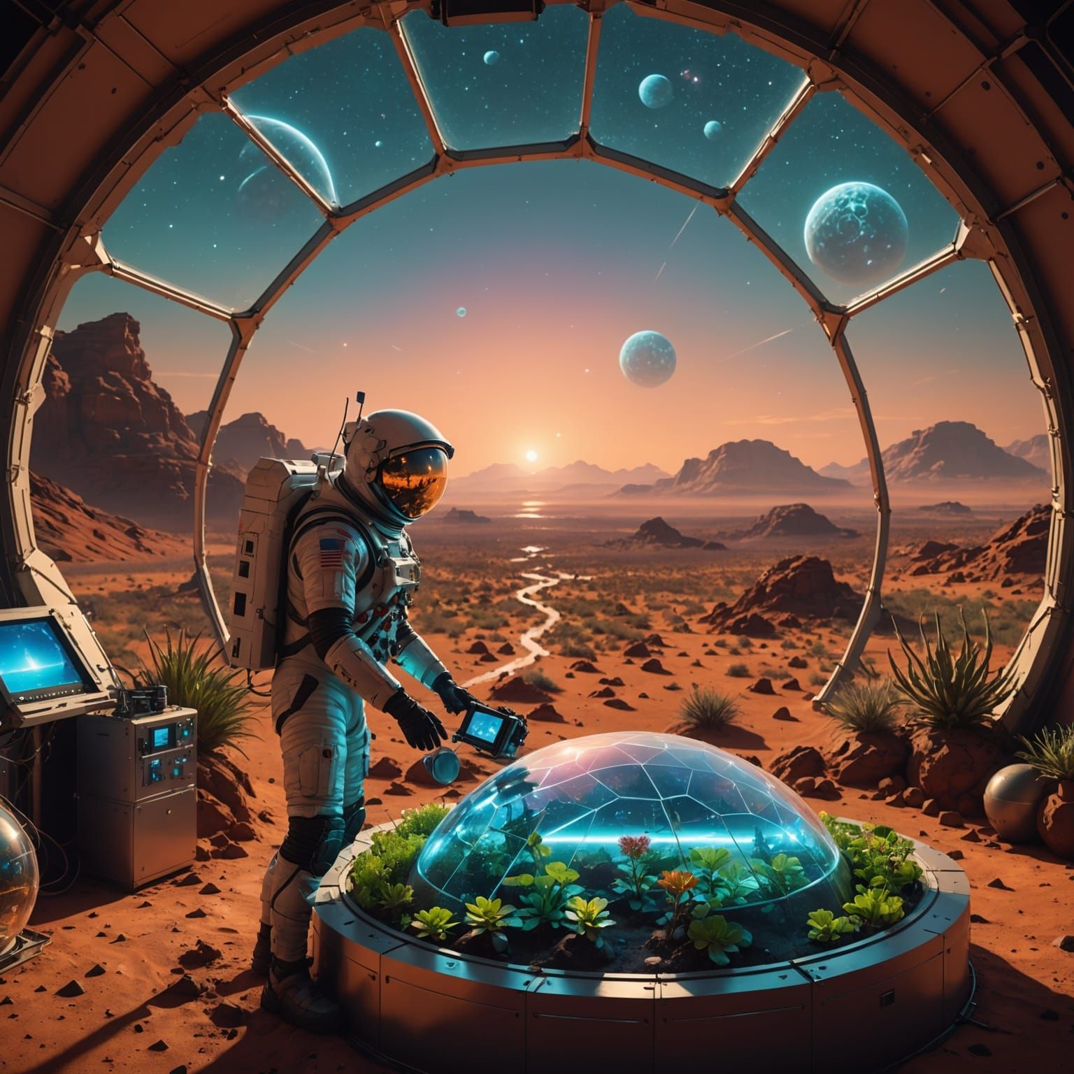 Astronaut Tends Martian Flora in Geodesic Dome