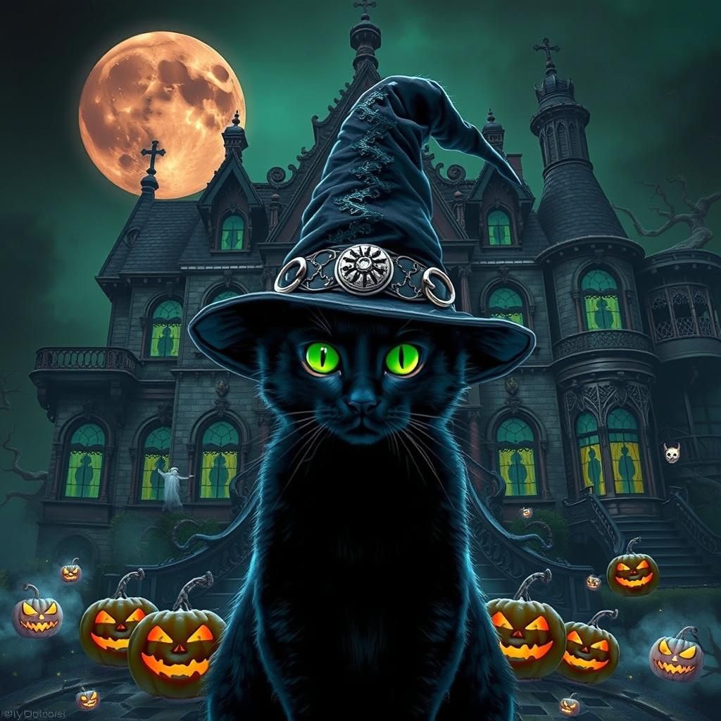 Black Cat Witch Overlooking Haunted Mansion