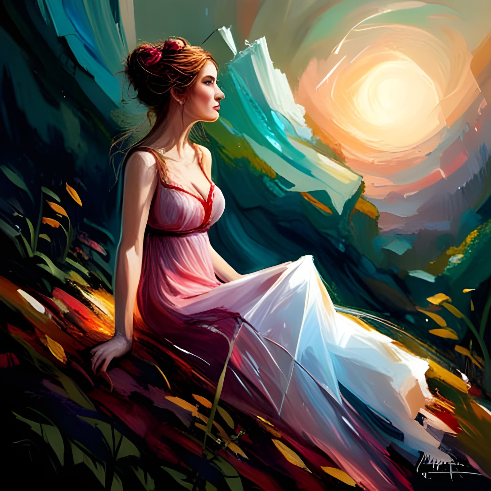 Woman in Flowing Dress in Dreamy Landscape