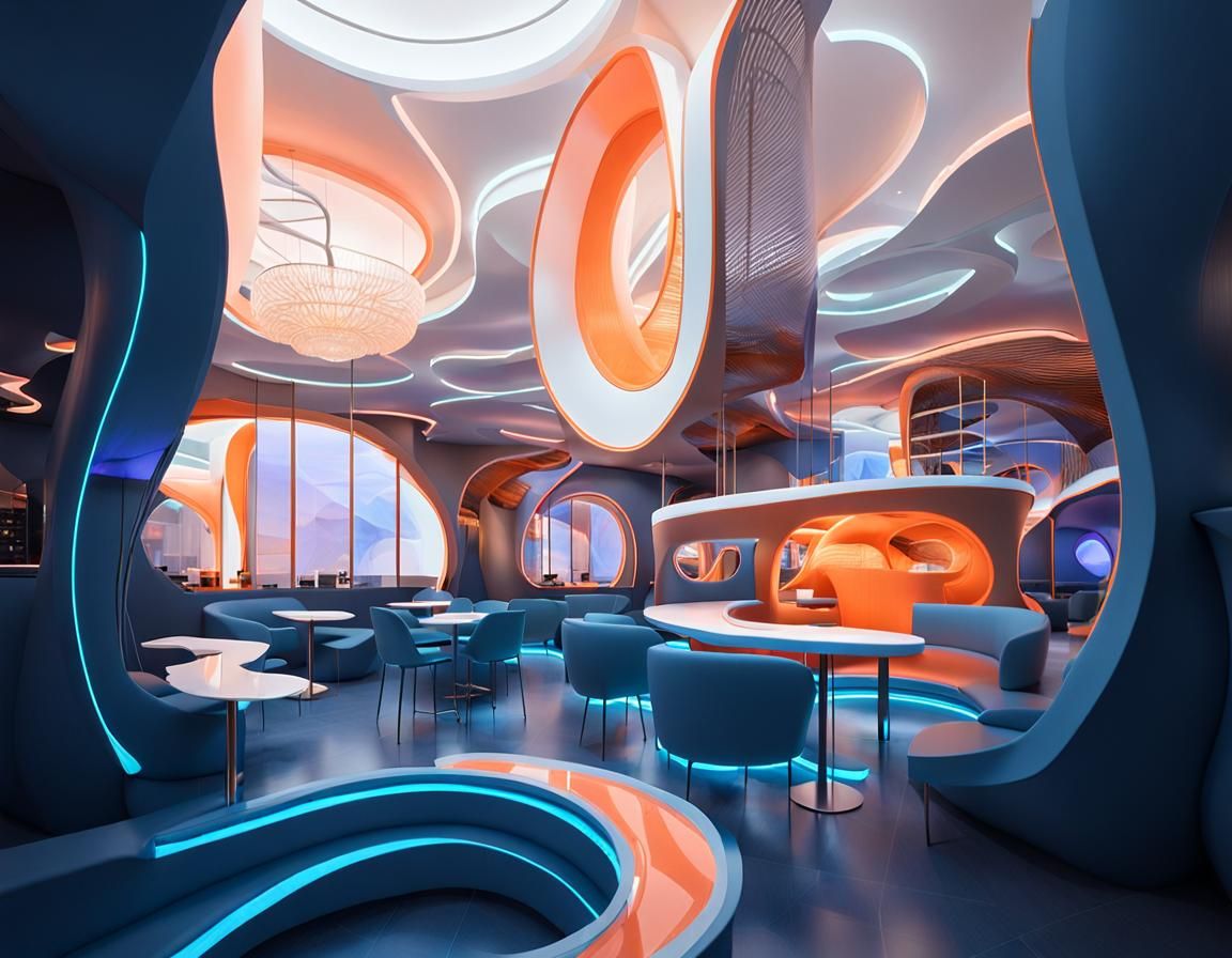 Vibrant Metaverse Cafe with Neon and Holographic Design
