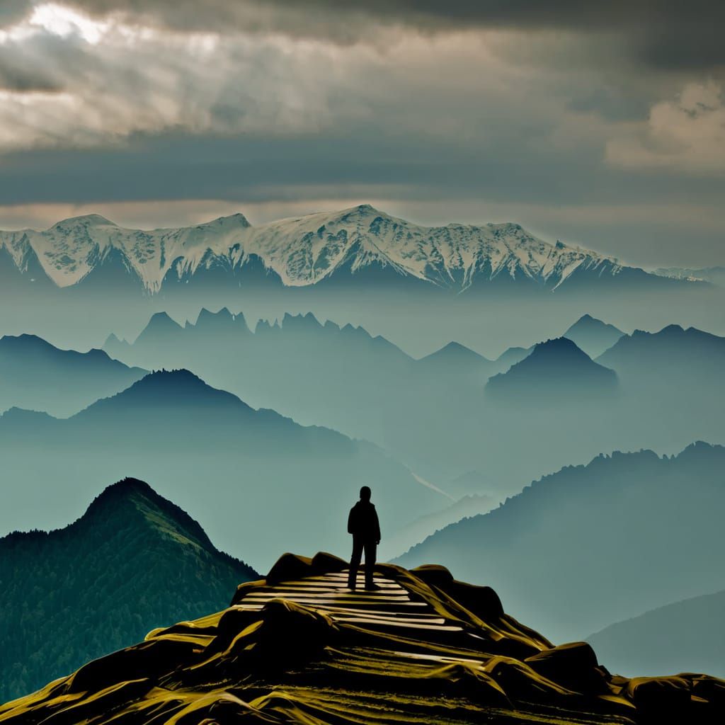 Misty Mountain Peaks in Cold, Desolate Expanse