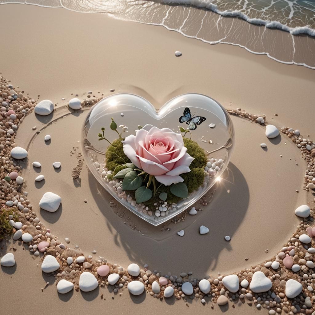 Glass Heart with Rose and Butterfly: 3D Render