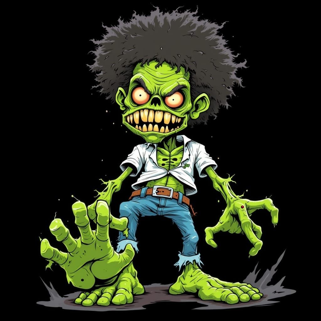 Cartoon Zombie Character with Fluffy Afro and Giant Foot