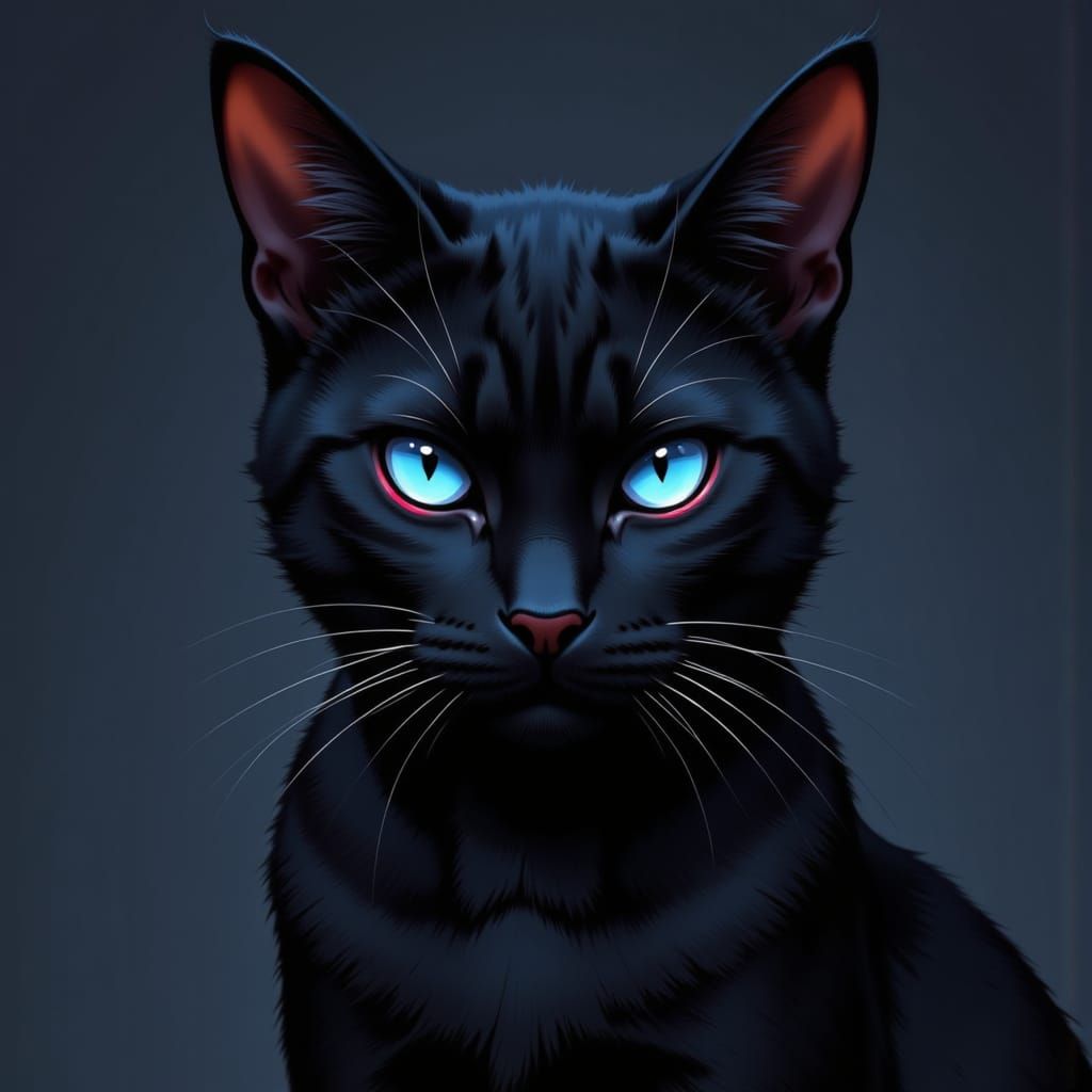 Grumpy Black Cat with Indigo Eyes and Red Eyeliner