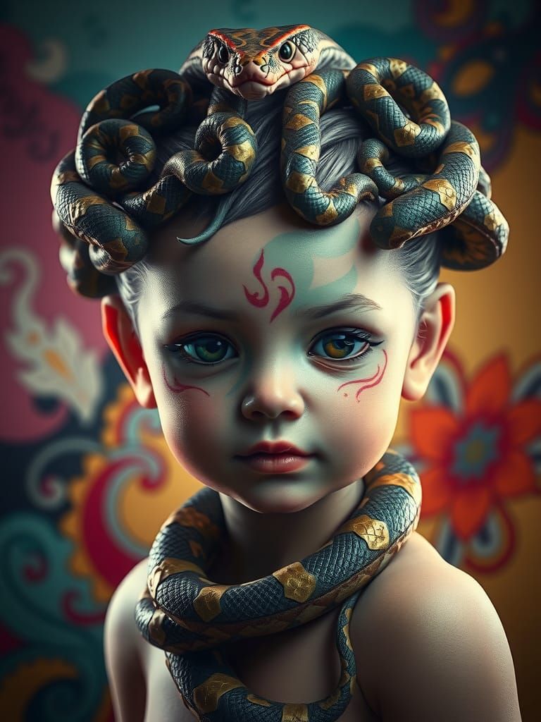 a cute baby Medusa with living snakes in place of hair, her appearance was so hideous that anyone who looked upon her wa...
