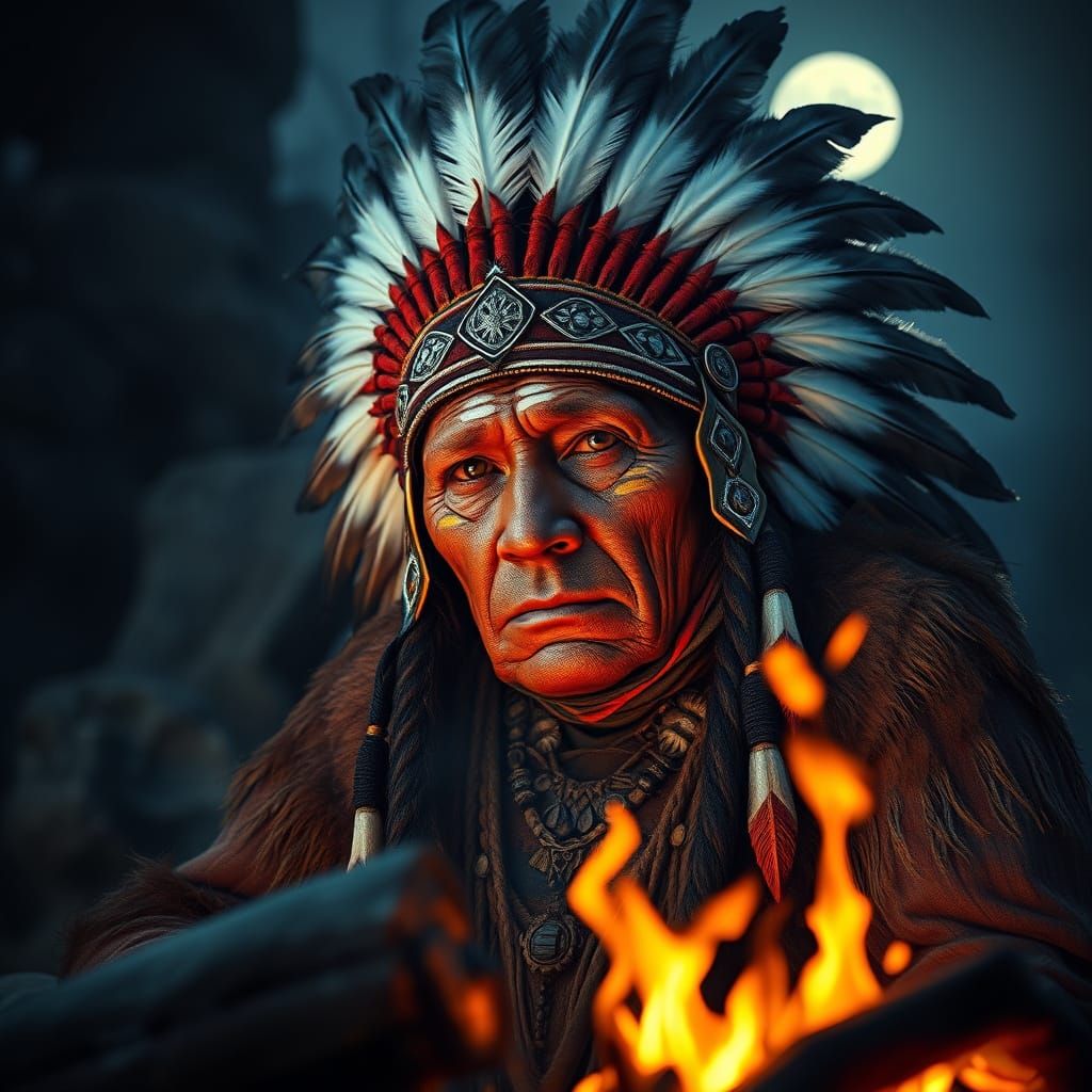 Native American Chief Portrait in Detailed Matte Painting St...