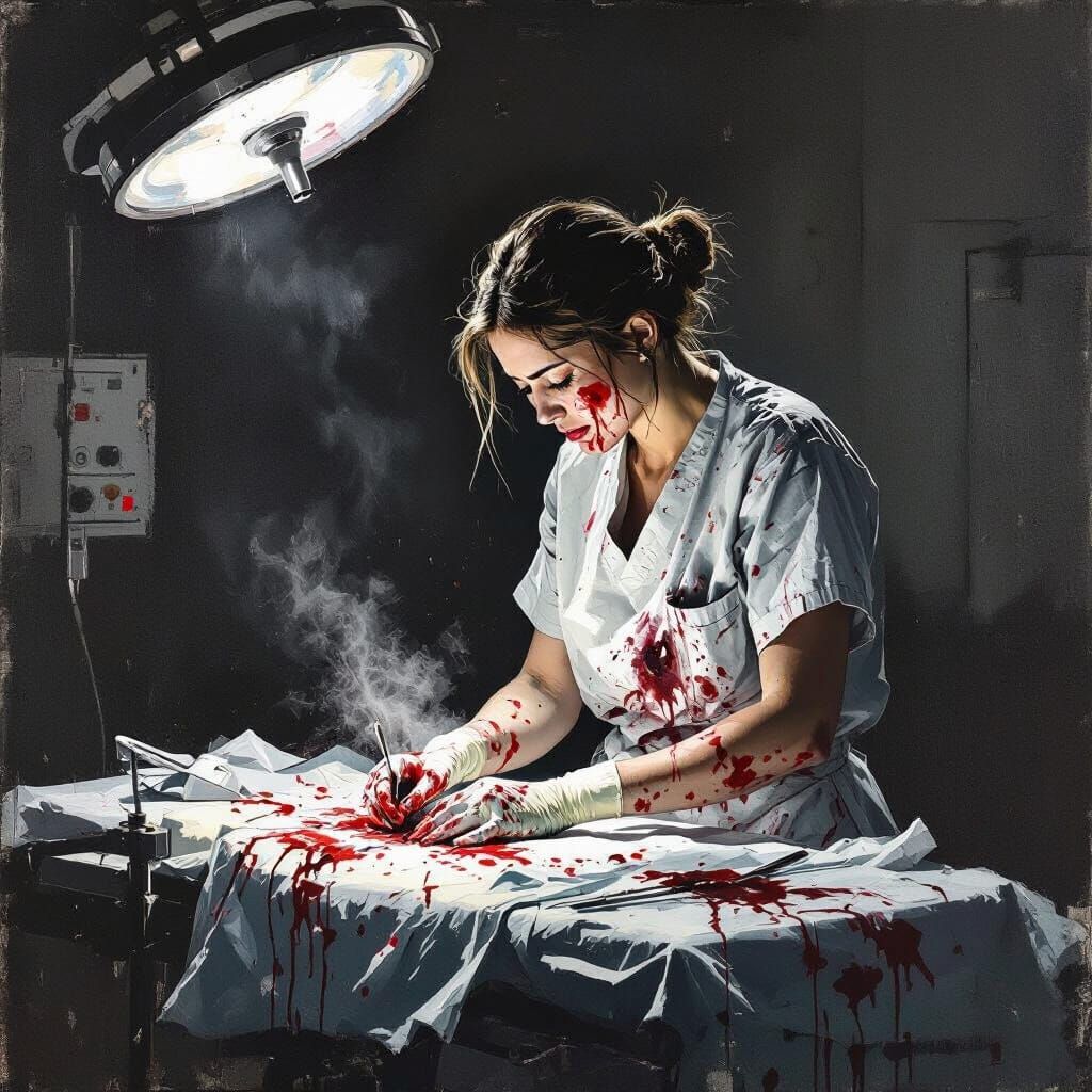 Despairing MASH Surgeon Covered in Blood in Gritty Realistic...