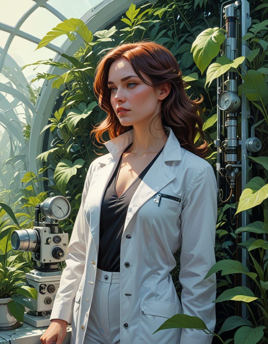 A Futuristic Scientist Lost in Thought Among Lush Greenery