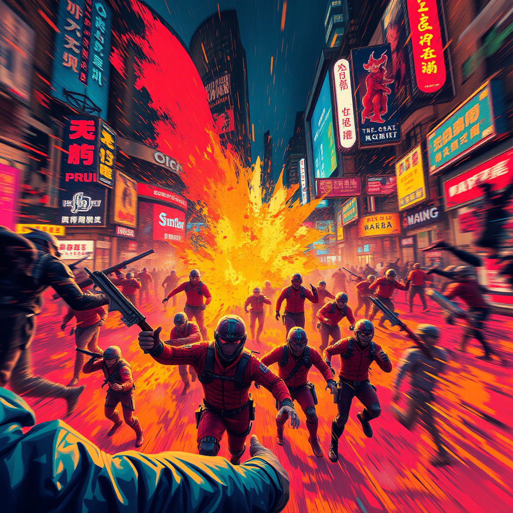 Frenzied Action Scene in Gouache Painting Style