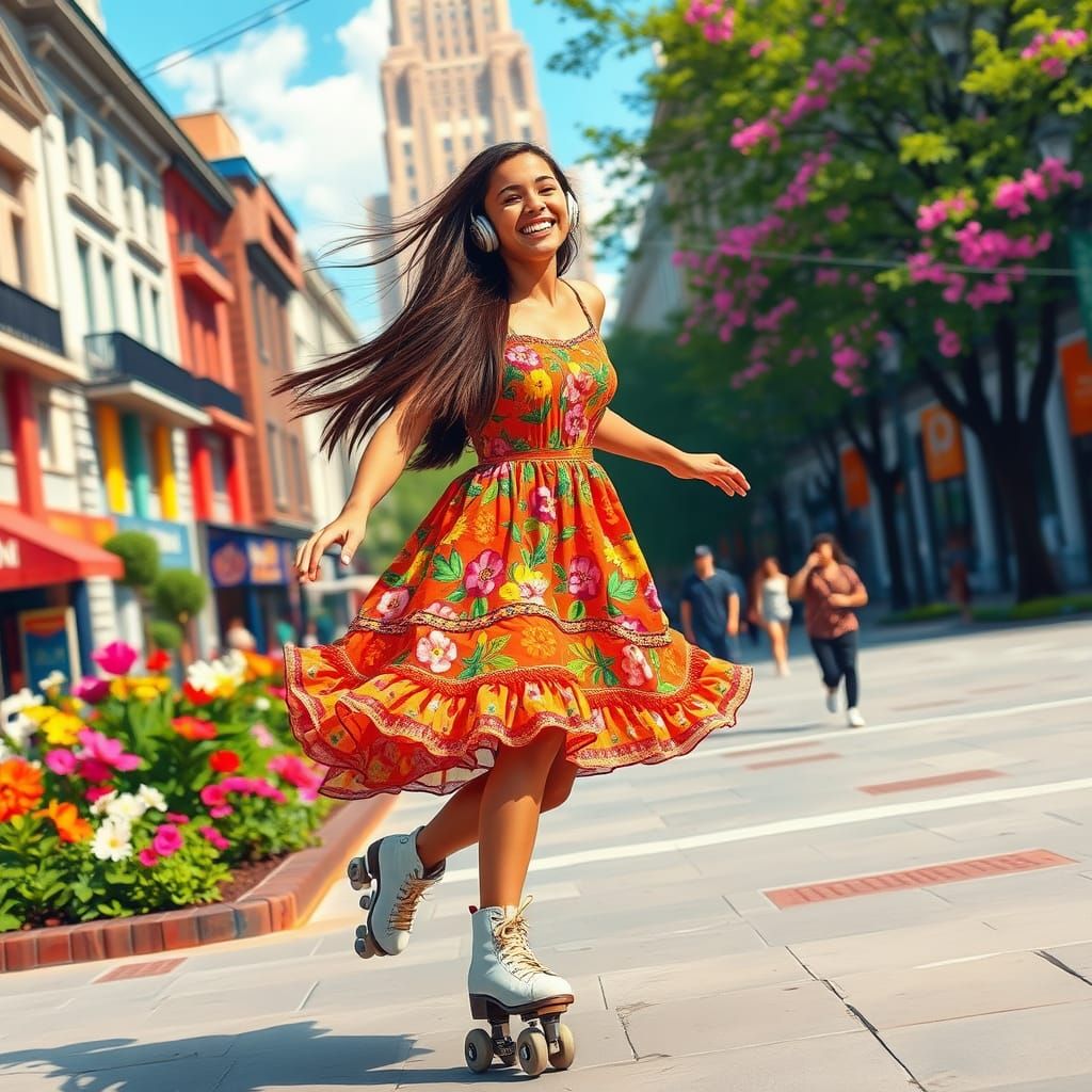 Vibrant City Girl Rolls Through a Blooming Square