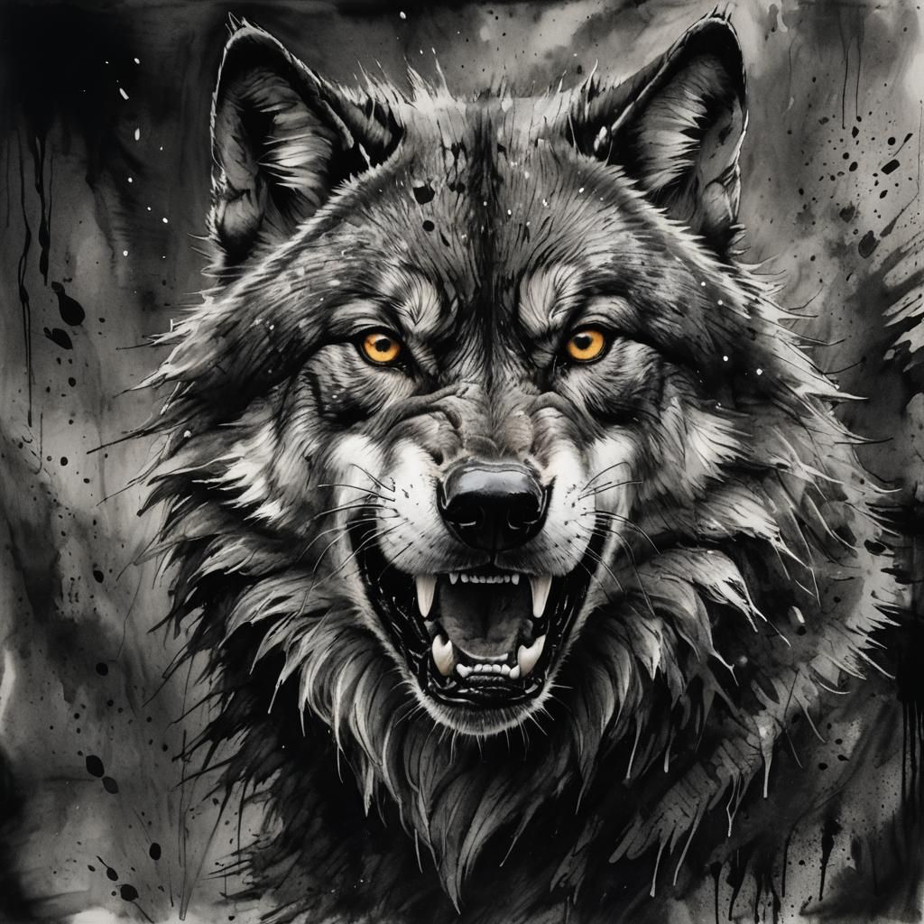 Dramatic Charcoal Wolf Head in Dark Night Sky
