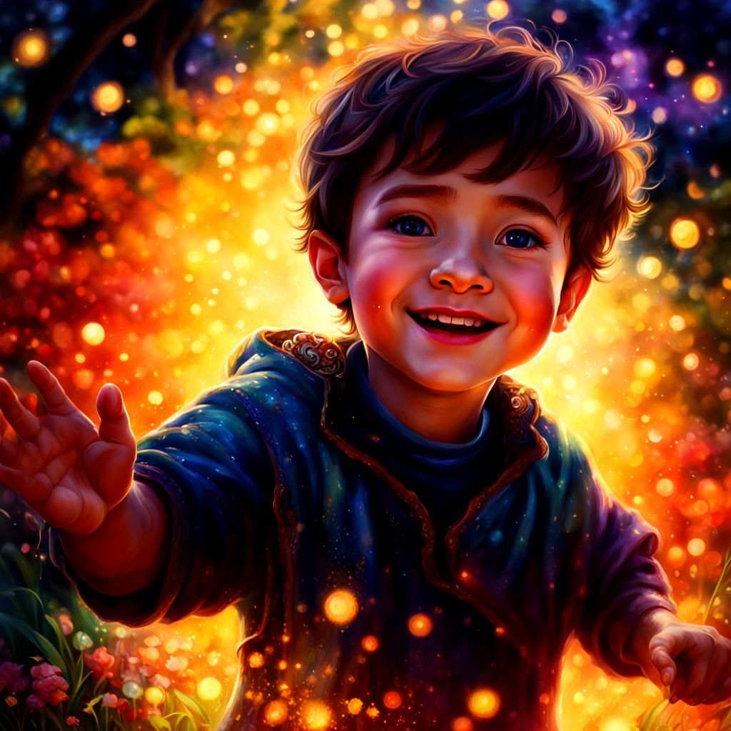 Boy's Joyful Moment in Enigmatic Cinematic Colors