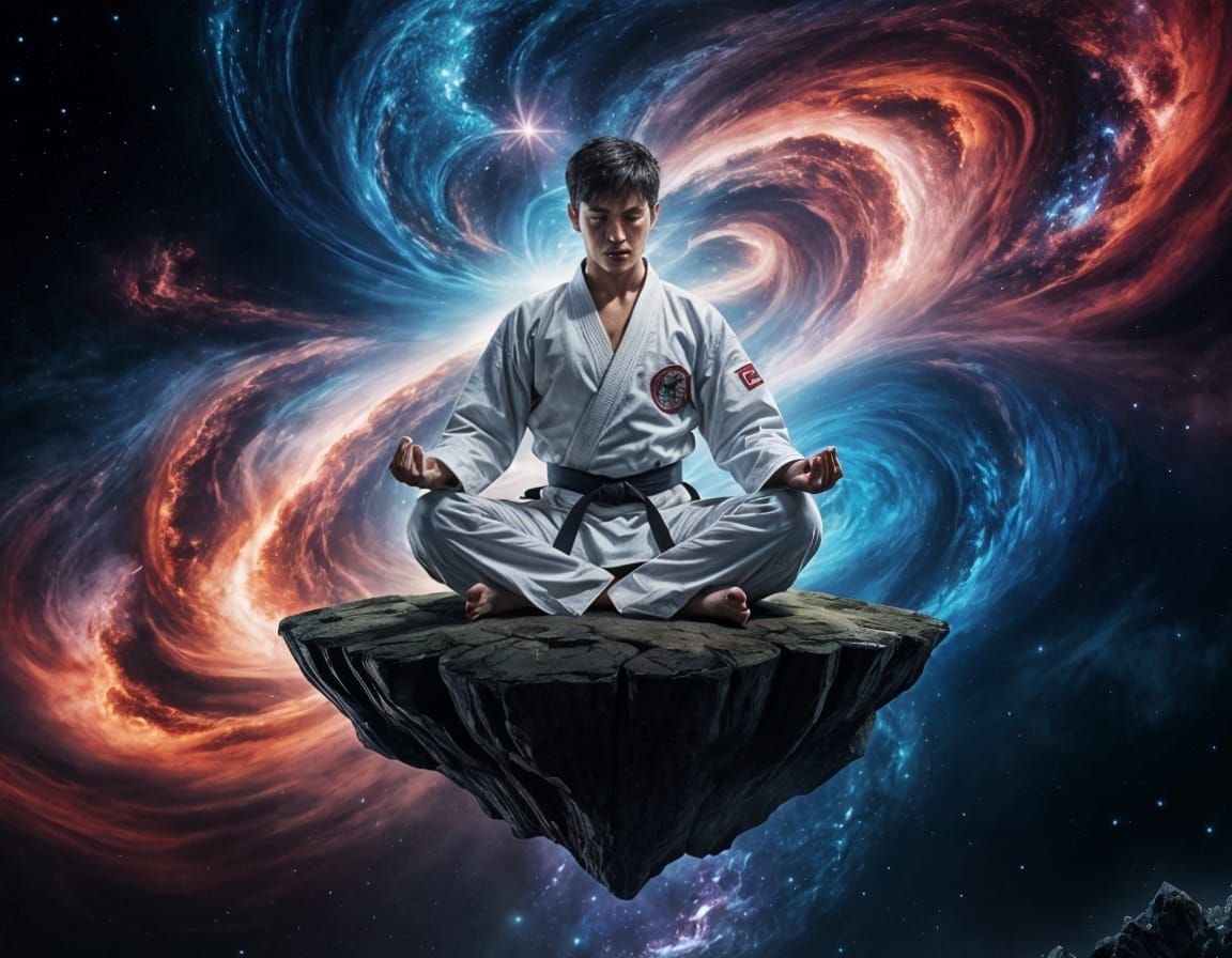Karate Master Meditates Amidst Cosmic Nebula