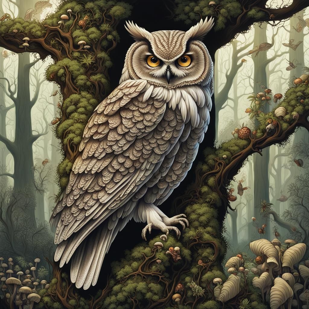 Detailed Owl in Dense Forest Scene