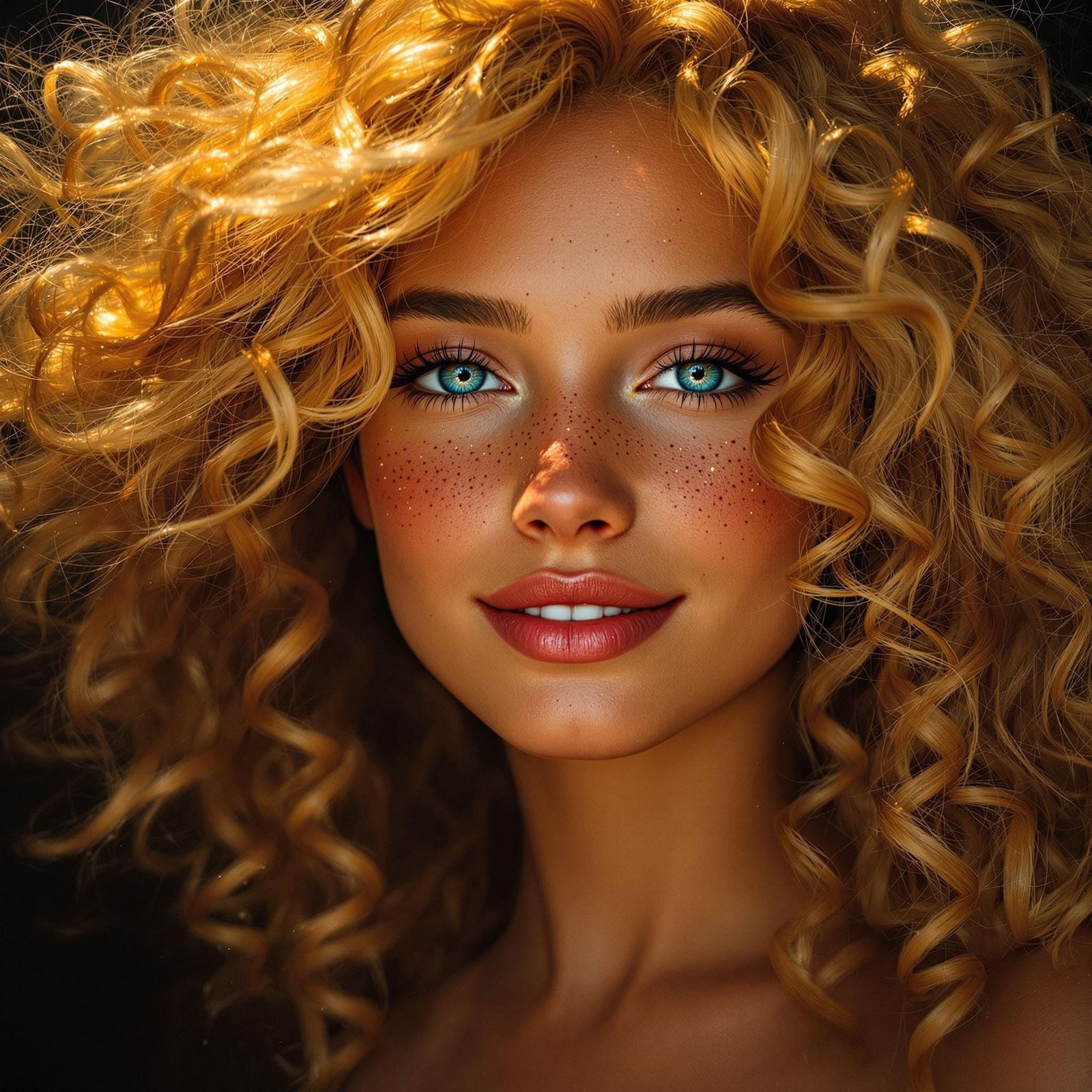 Sapphire-Eyed, Golden-Haired Beauty with Freckled Cheeks and...