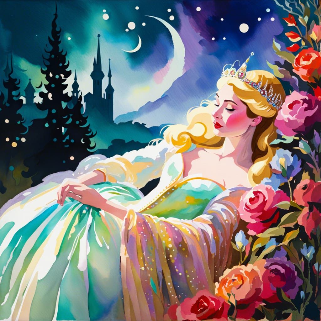 Sleeping Beauty in Gouache Style Watercolor