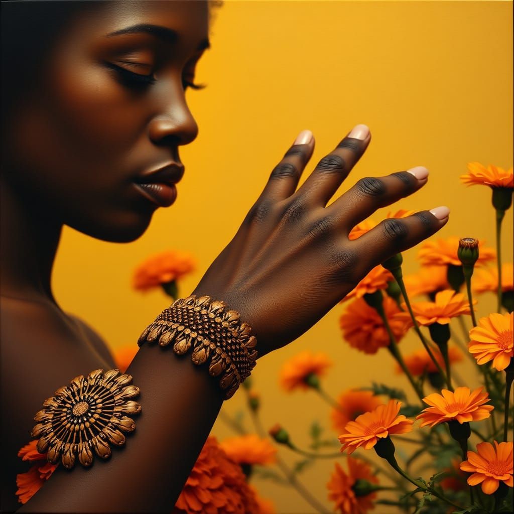 Black Woman's Hand Tenderly Touches Marigolds in Vibrant Col...
