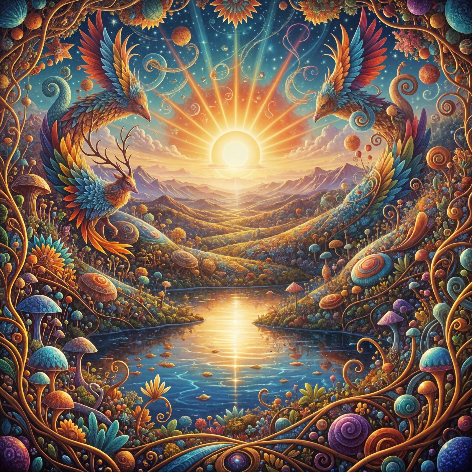 Whimsical Sunshiny Hills and Lake with Fantasy Wildlife