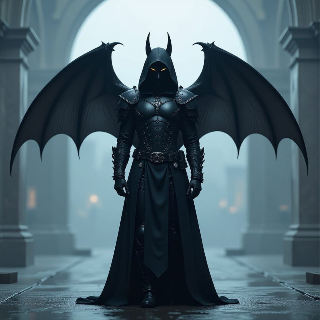Shadowy Bat-Winged Figure in Dark Futuristic Style